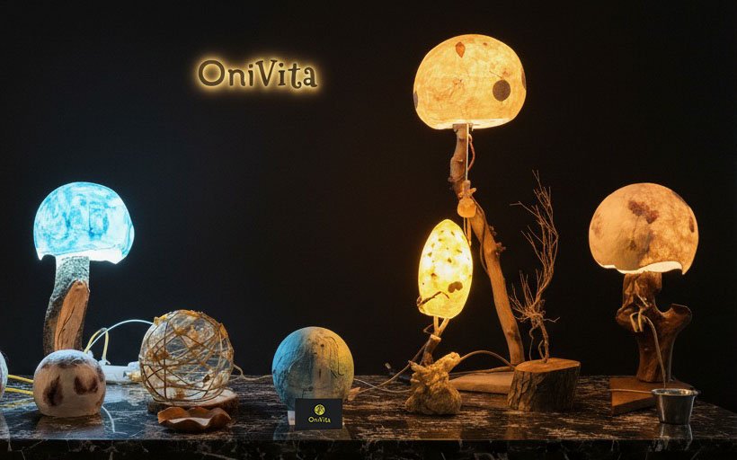 Bocetos y materiales naturales sobre una mesa de diseño para una lámpara personalizada ONIVITA.